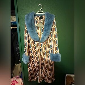 Geometric Patterned Teddy Jacket with Blue Accents